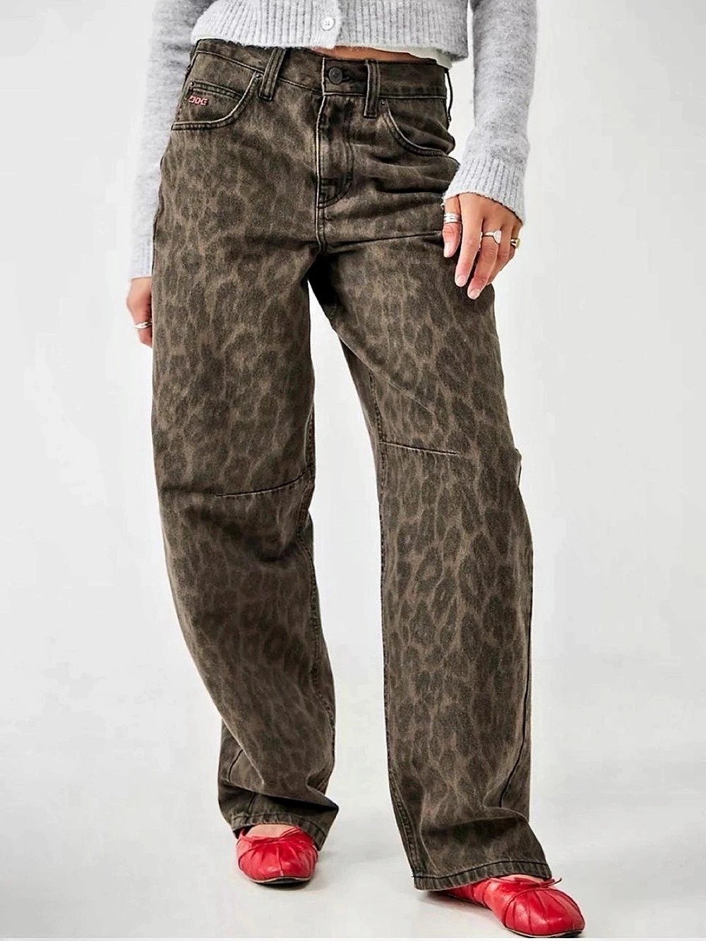 BDG Logan Printed Buckle Baggy Barrel Jeans Leopard Print Straight Leg Jeans